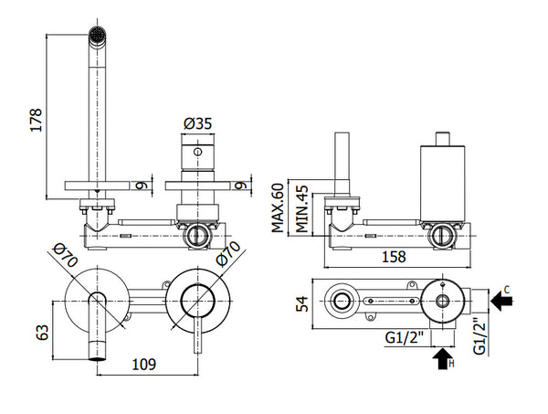 Paffoni Light Miscelatore lavabo Incasso 2 Fori Bocca 123 Mm Nero Opaco Lig104no70