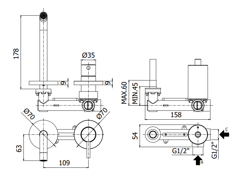 Paffoni Light Lig105cr70 Miscelatore lavabo Incasso 2 Fori, vista laterale del profilo e della forma