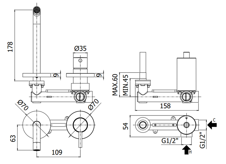 Paffoni Light Lig105st70 Miscelatore lavabo Incasso 2 Fori, vista laterale del profilo e della forma