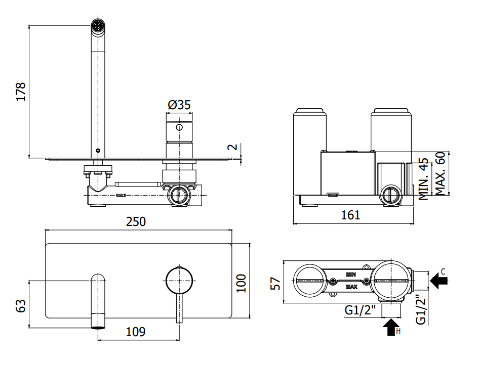 Paffoni Light Lig106cr Miscelatore lavabo Incasso 2 Fori, vista laterale del profilo e della forma