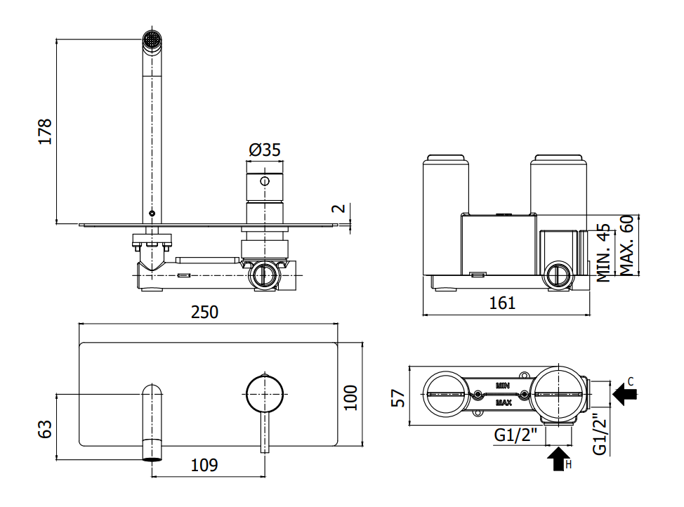 Paffoni Light Lig106no Miscelatore lavabo Incasso 2 Fori, vista laterale del profilo e della forma