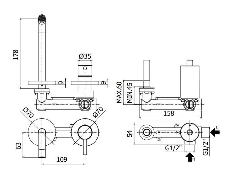 Paffoni Light Lig106no70 Miscelatore lavabo Incasso 2 Fori, vista laterale del profilo e della forma