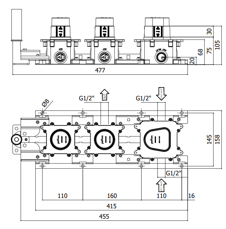 Paffoni Modular box Mdbox000 Corpo Incasso Termostatico 2, componenti inclusi smontati: corpo incasso, placca e rosone