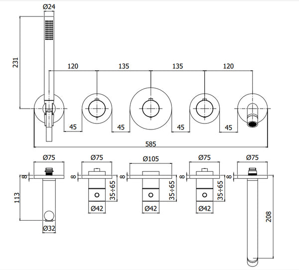 Paffoni Modular Box Mde001st Set Esterno vasca termostatico con Bocca Erogazione Senza Parte Incasso Steel Acciaio