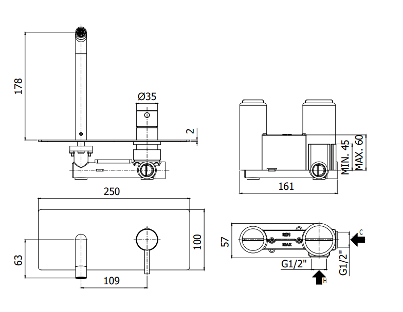 Paffoni Stick Sk104cr Miscelatore lavabo Incasso 2 Fori, vista laterale del profilo e della forma