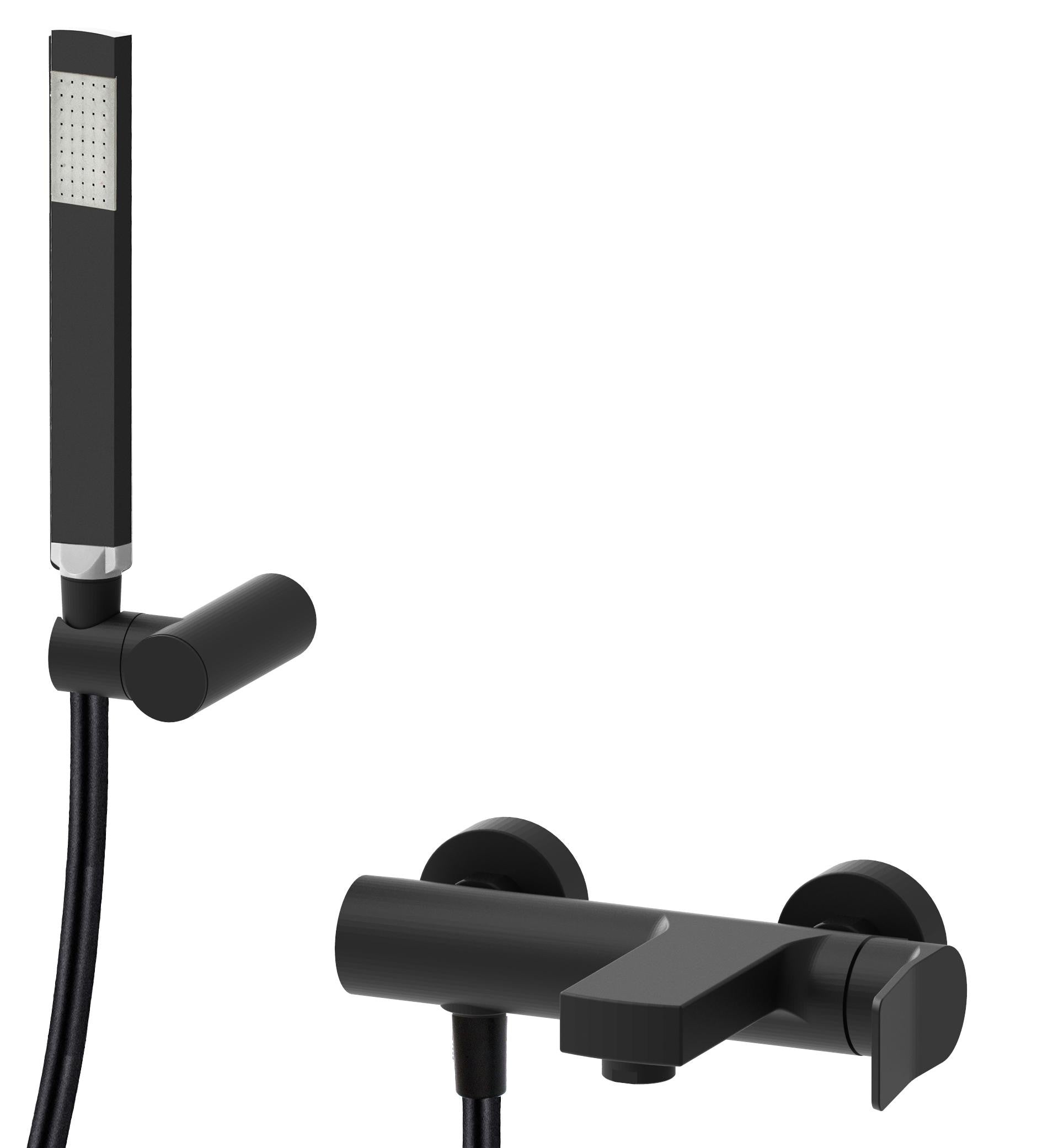 Paffoni Tilt Ti023no Miscelatore Vasca Con doccetta Nero ambientato in box doccia con pareti in vetro