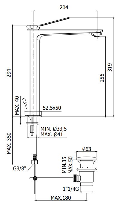 Paffoni Tilt Ti085no Miscelatore Lavabo alto Prolungato Con, vista laterale del profilo e della forma