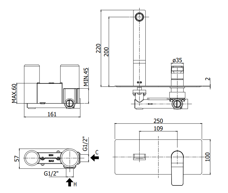 Paffoni Tilt Ti104no Miscelatore lavabo Incasso 2 Fori Nero, vista laterale del profilo e della forma
