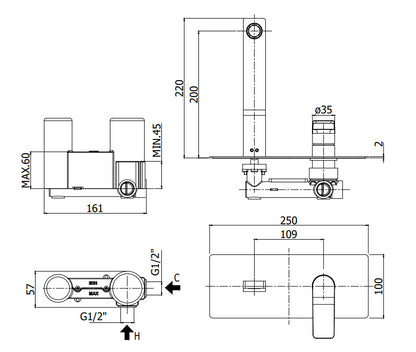 Paffoni Tilt Ti104no Miscelatore lavabo Incasso 2 Fori Nero Opaco