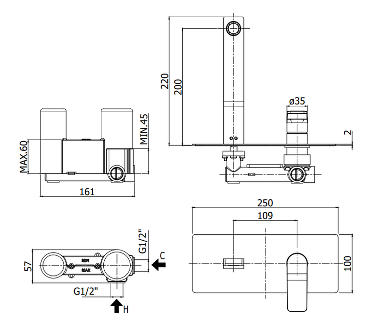 Paffoni Tilt Ti104no Miscelatore lavabo Incasso 2 Fori Nero, vista laterale del profilo e della forma