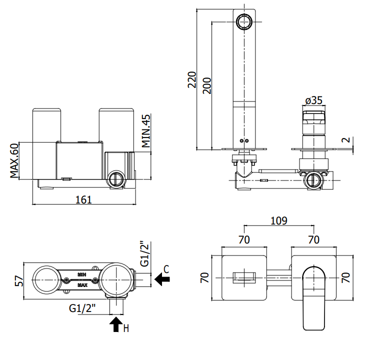 Paffoni Tilt Ti106cr70 Miscelatore lavabo Incasso 2 Fori, vista laterale del profilo e della forma