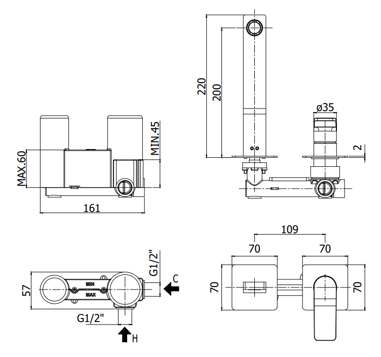 Paffoni Tilt Ti106no70 Miscelatore lavabo Incasso 2 Fori 2, vista laterale del profilo e della forma