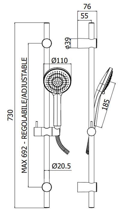 Paffoni ginevra zsal211 asta doccia 73 cm con doccetta saliscendi e flessibile in metallo 150 cm cromo