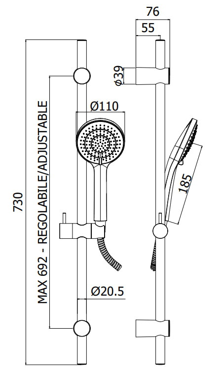 Paffoni ginevra zsal211 asta doccia 73 cm con doccetta saliscendi e flessibile in metallo 150 cm cromo
