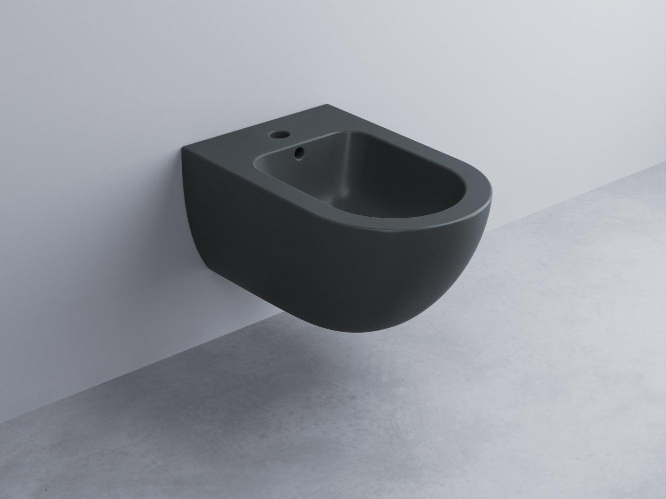 Cielo Enjoy Bidet Filo Muro sospeso 53x35 Monoforo Basalto ambientato su piano bagno con accessori