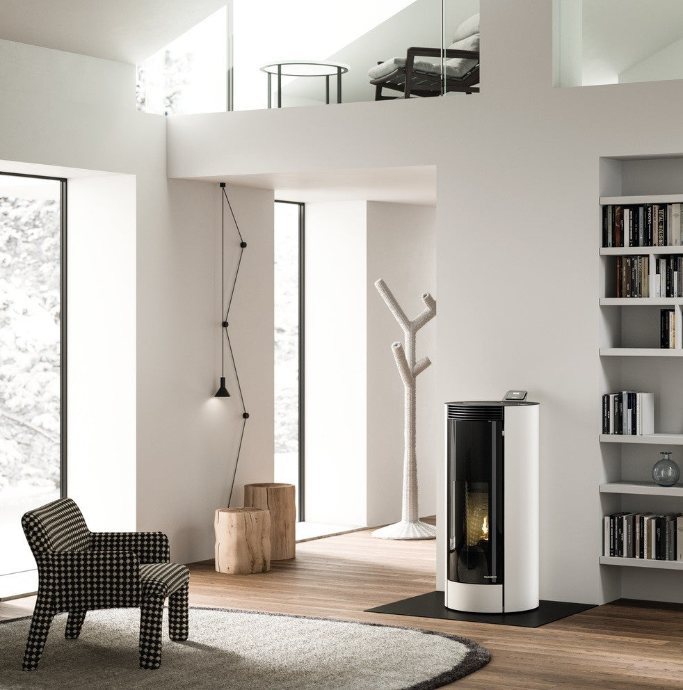 Palazzetti Melita 8 Stufa A Pellet Ecofire Ad Aria 8kw Con, vista laterale che mostra profilo e dimensioni