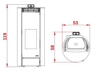 Palazzetti Melita 8 Stufa A Pellet Ecofire Ad Aria 8kw Con, vista laterale che mostra profilo e dimensioni