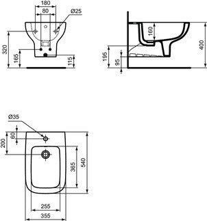 Ideal Standard I Life A Bidet Sospeso Con Foro Rubinetteria visto dall'alto con scarico e interno visibili