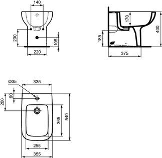 Ideal Standard I Life A Bidet A Terra Filo Parete Con Foro visto dall'alto con scarico e interno visibili