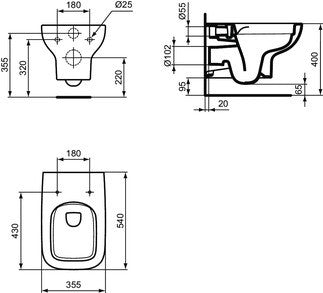 Ideal Standard I Life A Vaso Sospeso Tecnologia Scarico visto dall'alto con scarico e interno visibili