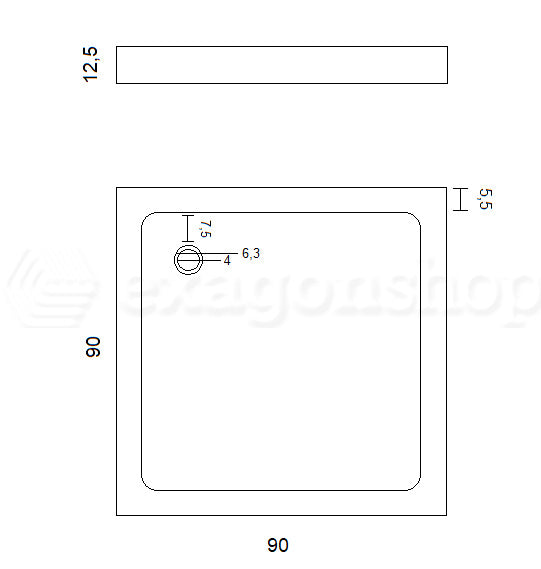 Piatto Doccia 90x90 quadrato In Marmo bianco T1045dn Ideal, vista laterale dello spessore e del bordo