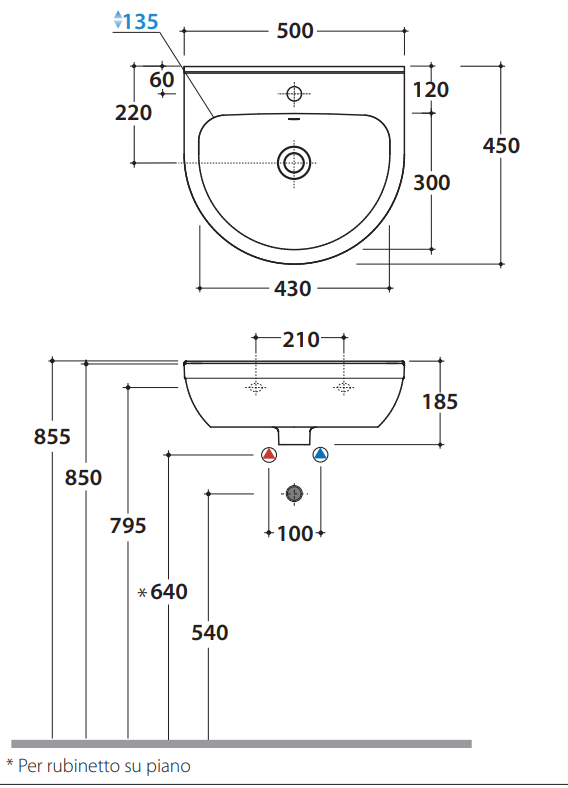 Ceramica Globo Grace Lavabo 50x45 Sospeso Senza Colonna visto dall'alto con scarico e interno visibili