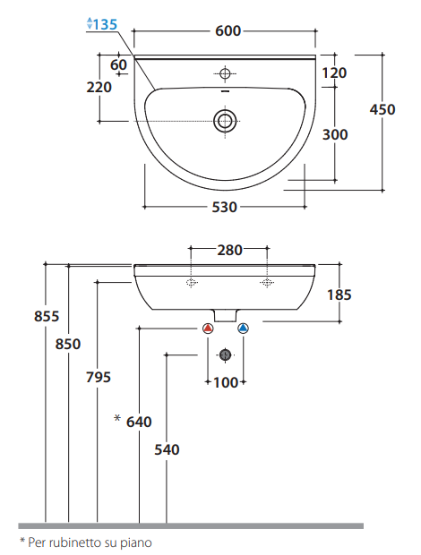 Ceramica Globo Grace Lavabo 60x45 Sospeso Senza Colonna visto dall'alto con scarico e interno visibili