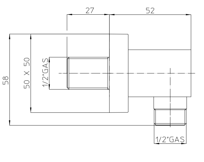 Presa Acqua Quadra 1/2" M Con Rosone ottone Cromo Gas, dettaglio ravvicinato della finitura e del marchio
