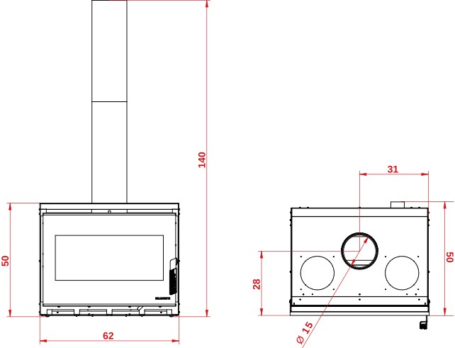 Caminetto A Legna 62x50x50 Alte Prestazioni Canalizzabile Black, vista laterale che mostra profilo e dimensioni