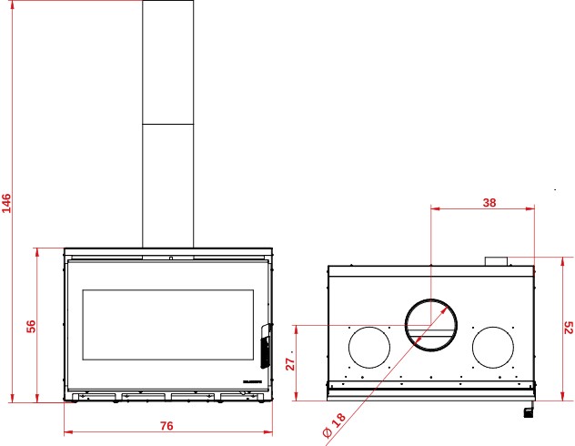 Caminetto A Legna Ad Alte Prestazioni Canalizzabile 9kw, vista laterale che mostra profilo e dimensioni
