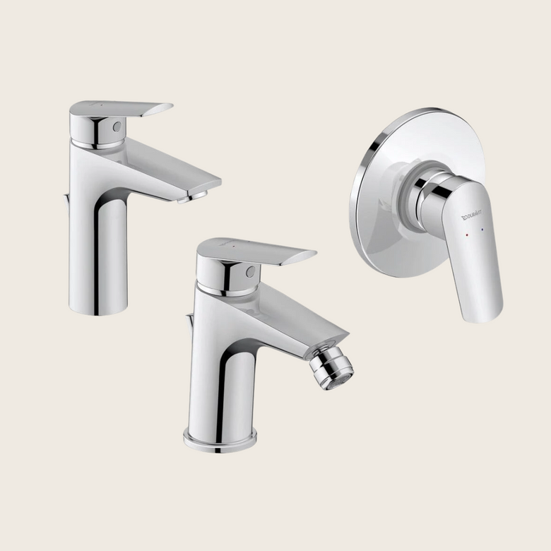 Duravit No1 Set Miscelatori Lavabo Bidet Doccia 1 uscita Cromo Lucido visto dall'alto con superficie e piletta di scarico