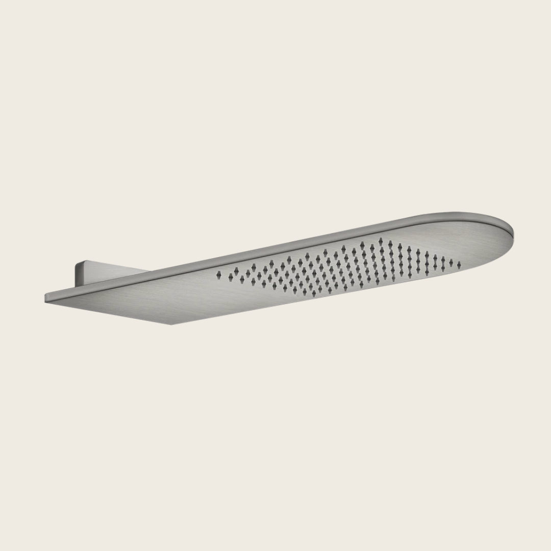 Soffione doccia a parete cromo Steel brushed 239 Inverso, vista frontale della maniglia e della bocca di erogazione