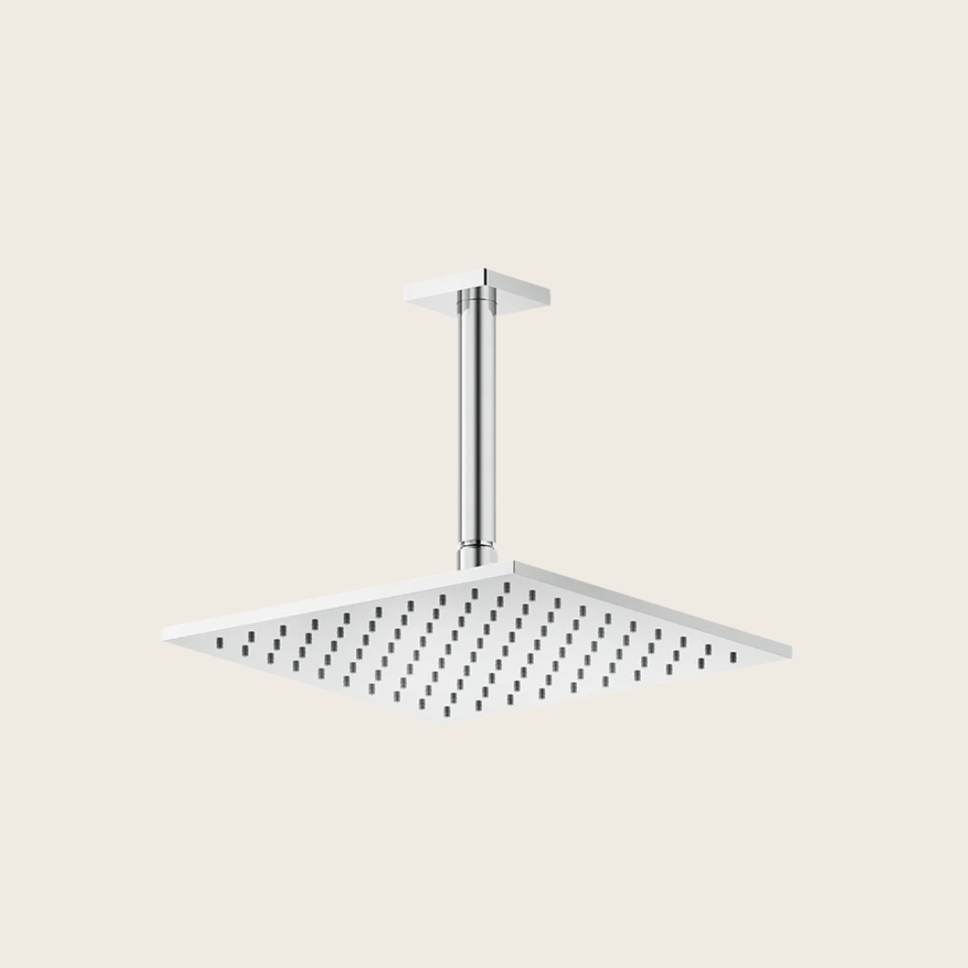 Gessi Soffione 25x25 quadro a soffitto cromo inverso Cromo Lucido, vista frontale della maniglia e della bocca di erogazione