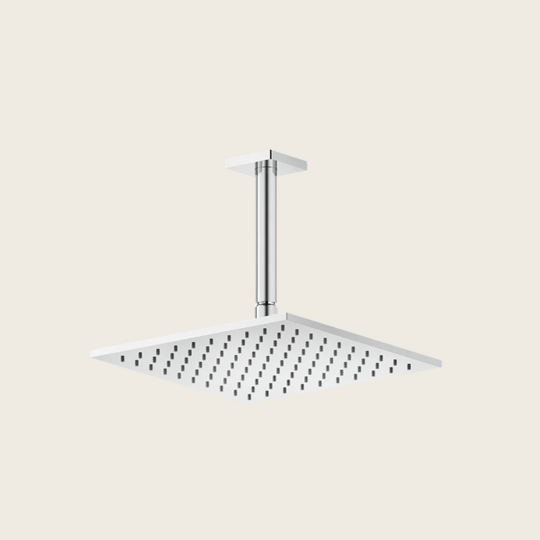 Gessi Soffione 25x25 quadro a soffitto cromo inverso Cromo Lucido, vista frontale della maniglia e della bocca di erogazione