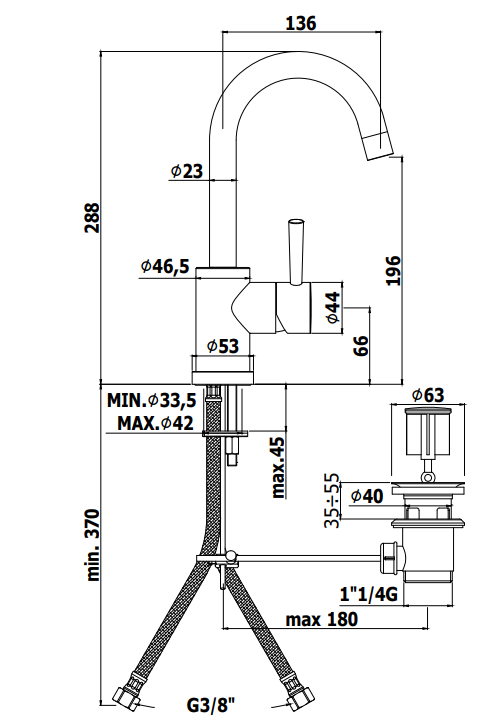 Paffoni Birillo Bi077 Miscelatore lavabo Canna ad ombrello, vista laterale del profilo e della forma