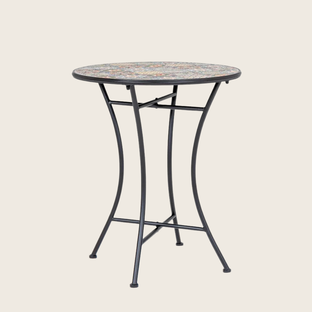 Andrea Bizzotto Naxos Tavolino Decoro Ceramica da Esterno Multicolore ambientato in spazio living con arredi coordinati