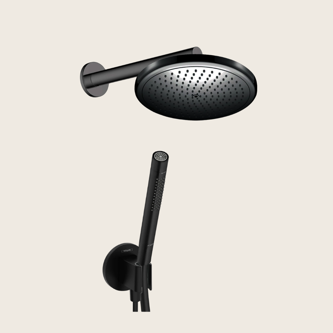 Hansgrohe kit doccia con soffione croma 1jet 28 cm braccio in opaco, vista frontale della maniglia e della bocca di...