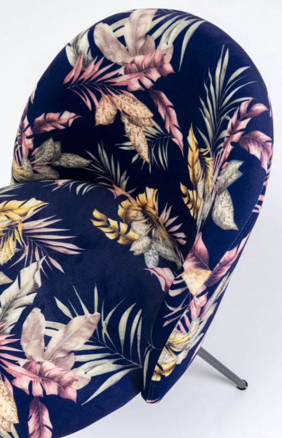 Cecil Flower sedia da arredo con gambe in acciaio nero e tessuto motivo floreale blu notte