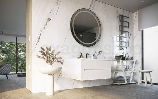 Mobile bagno bianco opaco 90x46 cannettato Urbino due cassetti con lavabo in ceramica