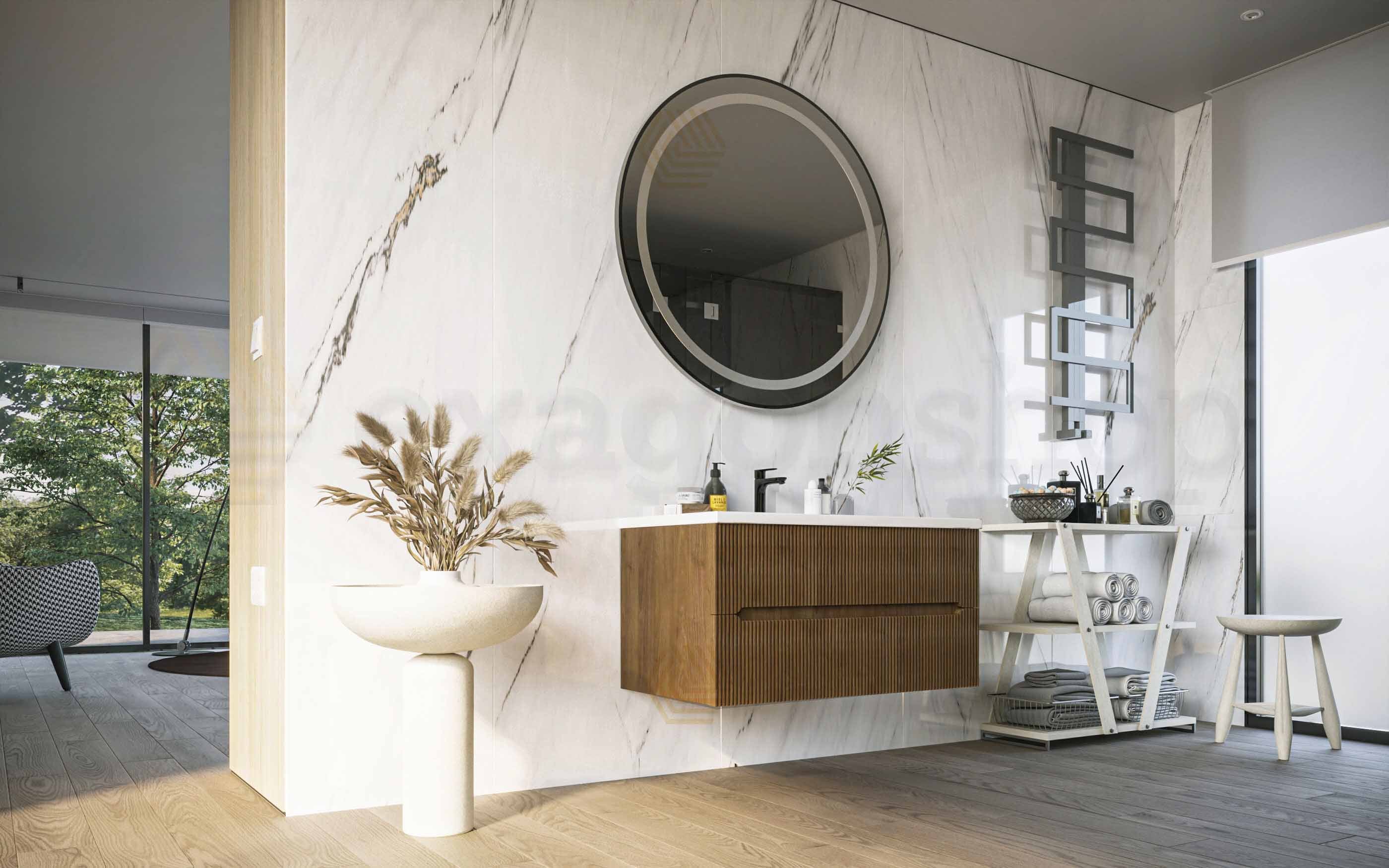 Mobile bagno noce chiaro 90x46 cannettato Urbino con lavabo, dettaglio ravvicinato della finitura e del cassetto - Exagonshop