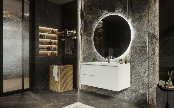 Mobile bagno 90x46 Bianco opaco Sorrento con maniglia sinistra e lavabo in ceramica