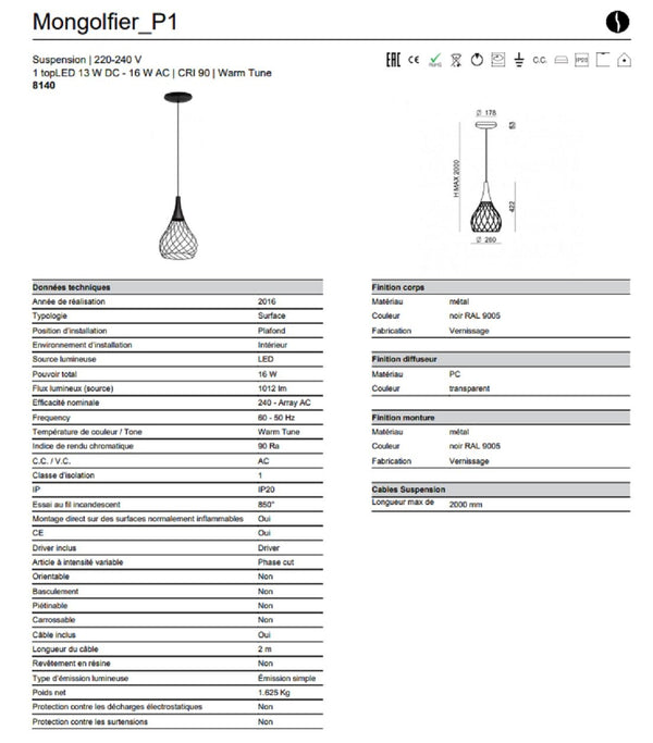 Lampada a sospensione nero Mongolfier P1 8140 Linea Light Stilnovo