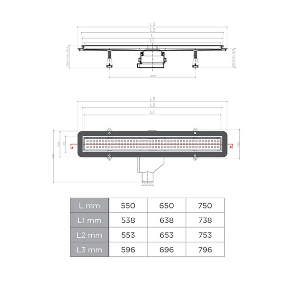 Compact Net Line Canalina doccia a pavimento 75 cm con griglia e scarico Uscita dn 50