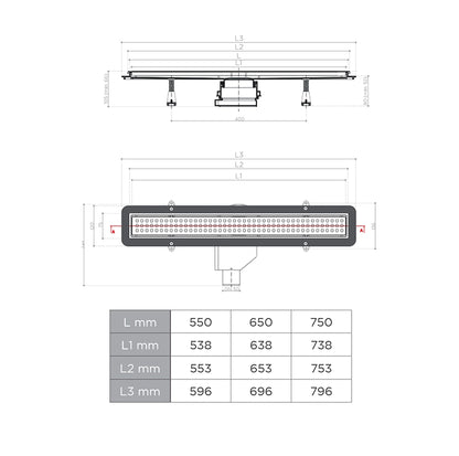 Compact Net Line Canalina doccia a pavimento 55 cm con griglia e scarico Uscita dn 50