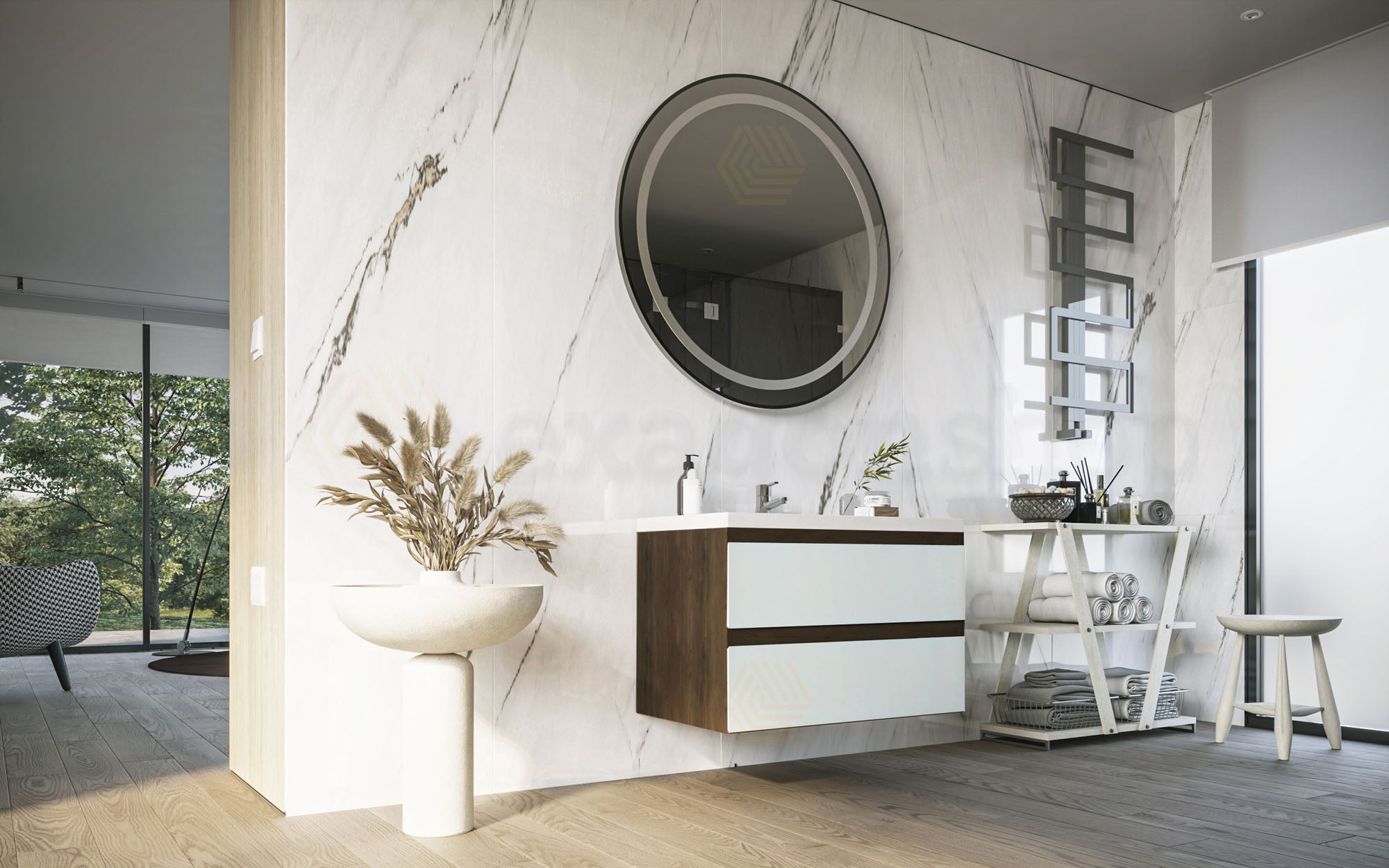 Mobile bagno 80x46 wenge bianco lucido Milo lavabo lucido Noce Scuro, dettaglio ravvicinato della finitura e del cassetto...