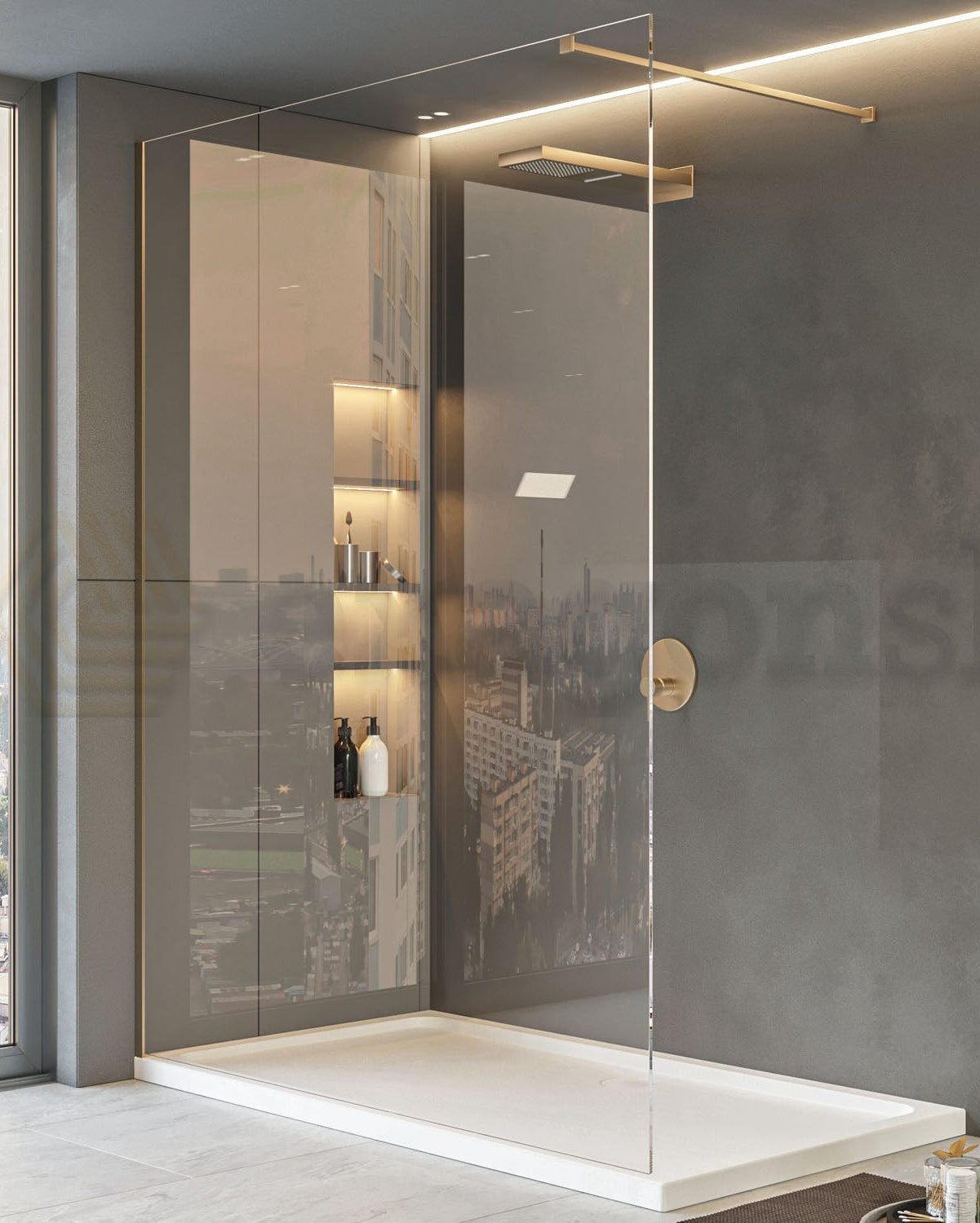Walk in parete doccia fissa 120 cm vetro trasparente 8 mm H in naturale installato in bagno moderno con ante in vetro...