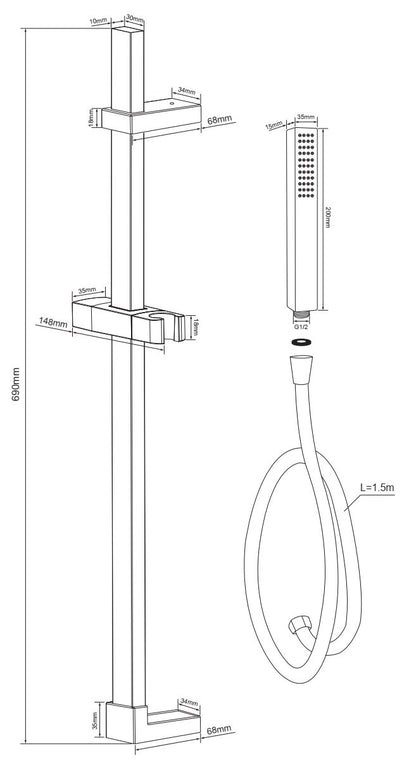 Asta doccia con saliscendi doccetta quadra in ottone e flessibile in pvc nero opaco