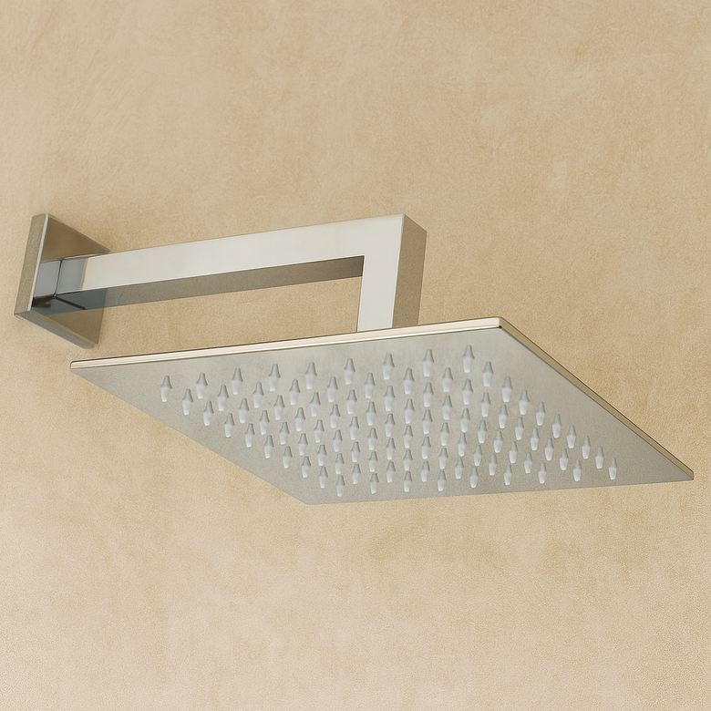 Soffione doccia 20x20 quadro 6,5 mm con braccio cromo Smart in lucido, vista frontale della maniglia e della bocca di...