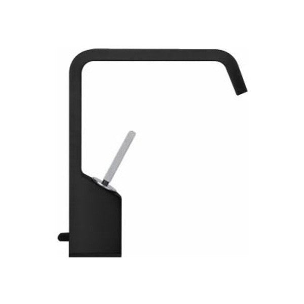 Rettangolo Xl Gessi Miscelatore Lavabo con leva joystick e Nero Xl Cromo ambientato su piano bagno con accessori