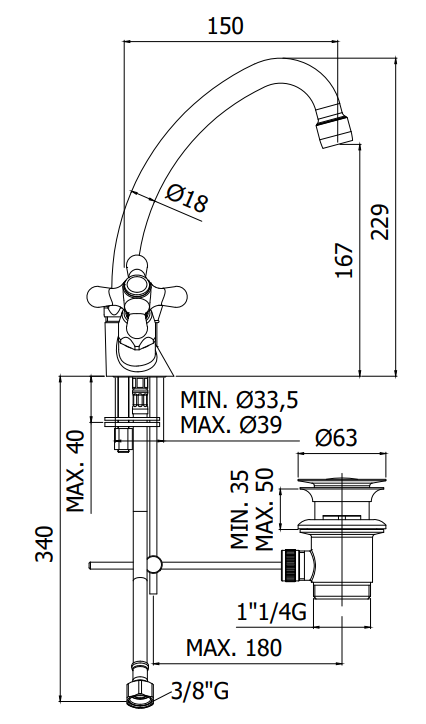 Paffoni iris irv077 gruppo lavabo orientabile scarico, vista laterale del profilo e della forma